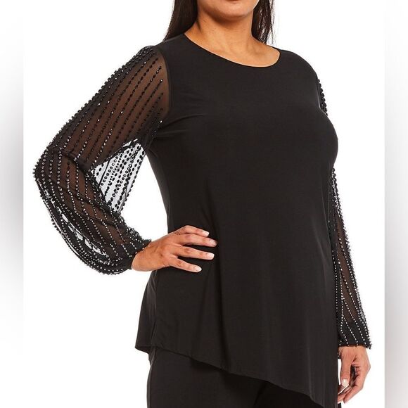 Marina Plus Size Beaded Long Sleeve Crew Neck 2-Piece Pant Set Size 20W Black - Picture 1 of 13